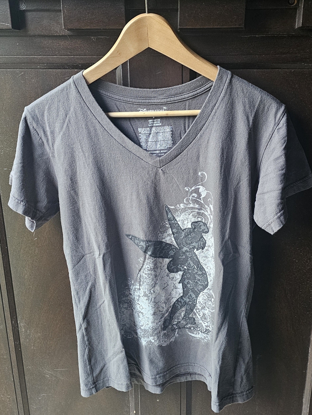 Disney Store Tinker Bell Lace Silhouette V-Neck Tee Gray Large